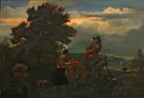 A shepherd and shepherdess in a pastoral landscape by Nicolaes Pieterszoon Berchem, oil on panel, sold Dec 2012