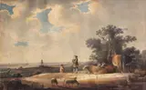 Dutch School, An extensive landscape with a drover and his cattle and sheep