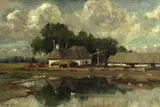 Hungarian School, Farm buildings by a pond, oil on board