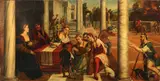 Elegant figures playing music with a building on fire in the distance by Italian School, oil on canvas, sold Dec 2012