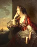 Tilly Kettle, A portrait of a lady, thought to be Maria, Duchess of Gloucester, three-quarter length, seated by a balustrade, a sailing ship in the distance, oil on canvas