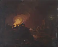 Sebastian Pether, A cottage on fire, oil on panel