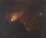 Sebastian Pether, A cottage on fire, oil on panel