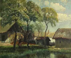 Ignac Ujvary, Farm buildings with a figure by a pond, oil on board