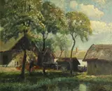 Ignac Ujvary, Farm buildings with a figure by a pond, oil on board