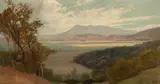 Gordon Coutts, Marshlands with mountains in the distance, oil on canvas affixed to board