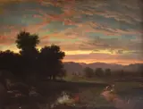Hudson River School, Two figures on a country path at sunset, oil on canvas