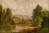 Willard Metcalf, River through a forest with hills beyond, oil on canvas