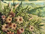 Hernando Gonzallo Villa, Pink wildflowers on rolling hills, oil on canvas board