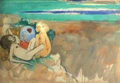 Robert Beauchamp, Figures and a baboon in a landscape, 1960, oil and pencil on paper on paperboard