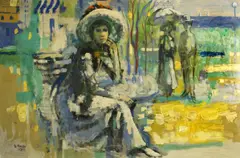 Germano Russo, Seated woman in a park, 1966, oil on masonite