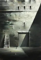 Robert Watson, Expectation; Early Light; Man in front of a building (3), first and third oil on canvas; second oil on paperboard