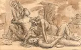 Paul Cadmus, Sailors and Floosies, ink with sepia wash on paper laid down on board