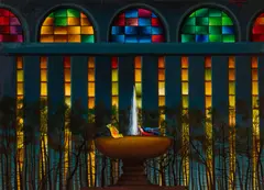 August Mosca, Fountain in Bryant Park, oil on canvas