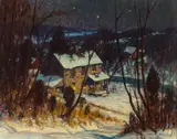 George Sotter, Bucks County, Riverside Nocturnal Winter Landscape, oil on Masonite