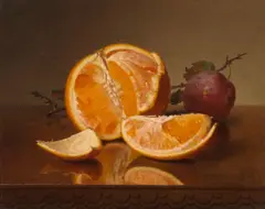 Robert Spear Dunning, Still life with orange and plum, 1881, oil on canvas