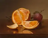 Robert Spear Dunning, Still life with orange and plum, 1881, oil on canvas