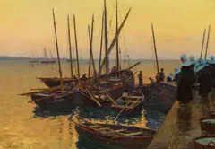 Fishing Boats along the Pier by Lionel Walden, oil on canvas, sold Nov 2012