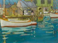 Jane Peterson, The Boat Landing, gouache and charcoal on paper