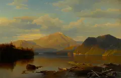 Lake scene at sunset by Hermann Fuechsel, oil on canvas, sold Nov 2012