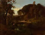 William Keith, Cattle watering at dusk, oil on canvas