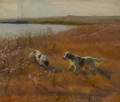 English setters beside a lake by Elizabeth Strong, oil on canvas, sold Dec 2012