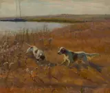 Elizabeth Strong, English setters beside a lake, oil on canvas
