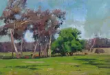 Gordon Coutts, Cows grazing under eucalyptus and oaks; Adobe home and garden; Southwest farm (group of three)