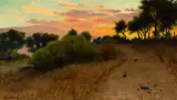 Thaddeus Welch, Hunting rabbits at sunset, oil on canvas