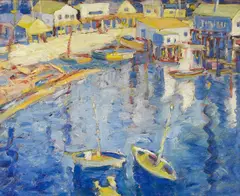 Selden Connor Gile, Main Street, Tiburon, with boats, circa 1928, oil on panel