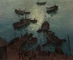 San Pedro harbor by Paul Sample, oil on canvas, sold Dec 2012