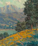 Granville Redmond, California poppies with a lake and mountains beyond