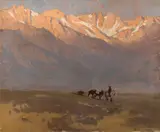 High Sierras (Rider with pack horses beneath Mount Whitney) by Edgar Alwin Payne, 1942, oil on canvas, sold Dec 2012