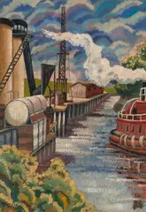 Otis Oldfield, Industrial riverside, oil on board