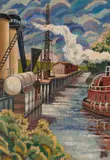 Otis Oldfield, Industrial riverside, oil on board