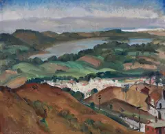 View of Lake Merced with Pacifica in the distance by Rinaldo Cuneo, oil on canvas affixed to board, sold Dec 2012
