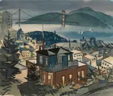 George Post, View of San Francisco with the Golden Gate Bridge in the distance, watercolor on paper affixed to paperboard