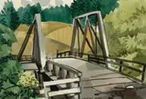 George Post, Pescadero Bridge, 1954, watercolor on paper affixed to paperboard