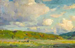 Verdant landscape with clouds by Joseph Henry Sharp, oil on panel, sold Dec 2012