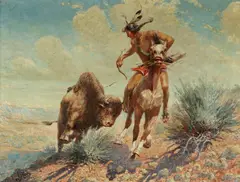 Herbert M. Herget, Indian hunting buffalo, oil on canvas