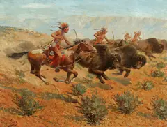 Herbert M. Herget, Indians shooting buffalo, oil on canvas