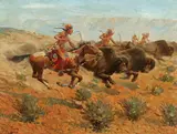 Herbert M. Herget, Indians shooting buffalo, oil on canvas