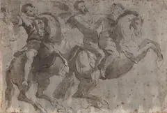 Abraham van Diepenbeeck, A study of allegorical figures on horseback, pen and ink and wash on paper