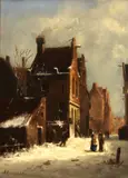 Adrianus Eversen, A Dutch street in the snow, oil on panel