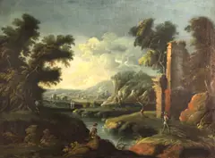 Italian School, Figures by a stream amongst classical ruins; and a companion painting (a pair)