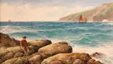 David James, High tide, Mawgan Porth Bay, Cornwall, oil on canvas