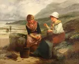 Robert Kemm, Fishergirls mending nets on the beach, oil on canvas