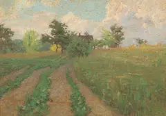 Léon Augustin Lhermitte, A landscape with farmhouses, pastel on paper laid down on board