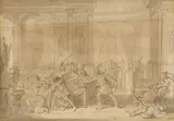 Jan Luyken, Soldiers murdering a priest in a temple, pen and ink and wash on paper