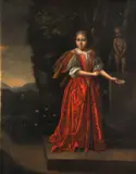 Caspar Netscher, A portrait of a young girl, full-length, wearing a red gown, standing before a fountain in a garden, oil on canvas